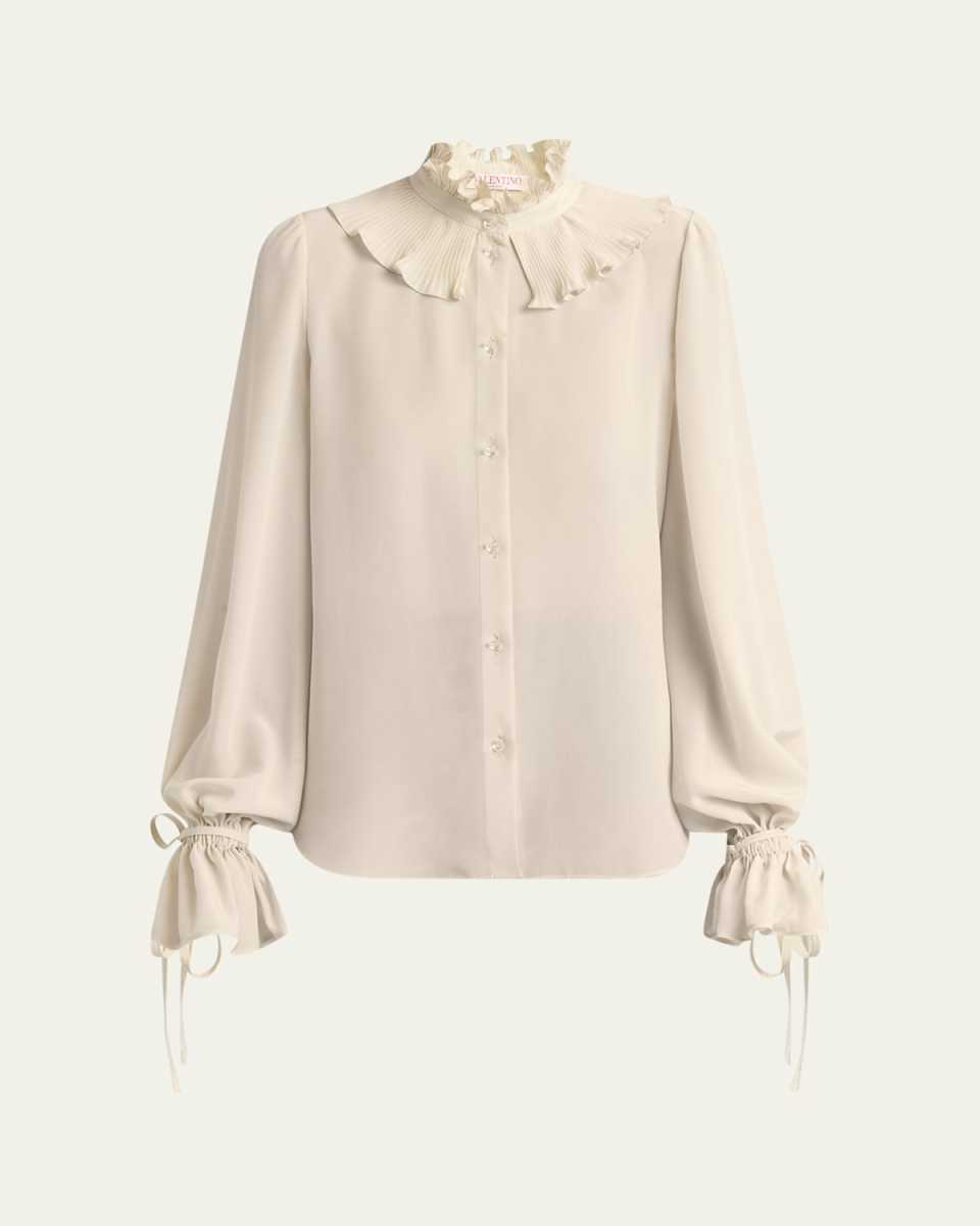 High Neck Pleated Ruffle Blouse